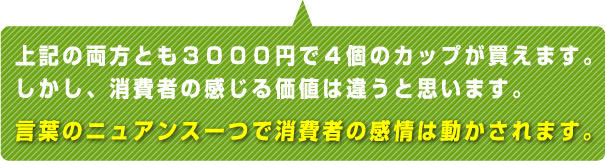 上記の両方とも3000円で4個のカップが買えます。しかし、消費者の感じる価値は違うと思います。言葉のニュアンス一つで消費者の感情は動かされます。