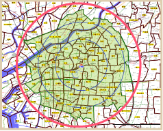 商圏 ・車、鉄道で30分の範囲（約7～10Km）